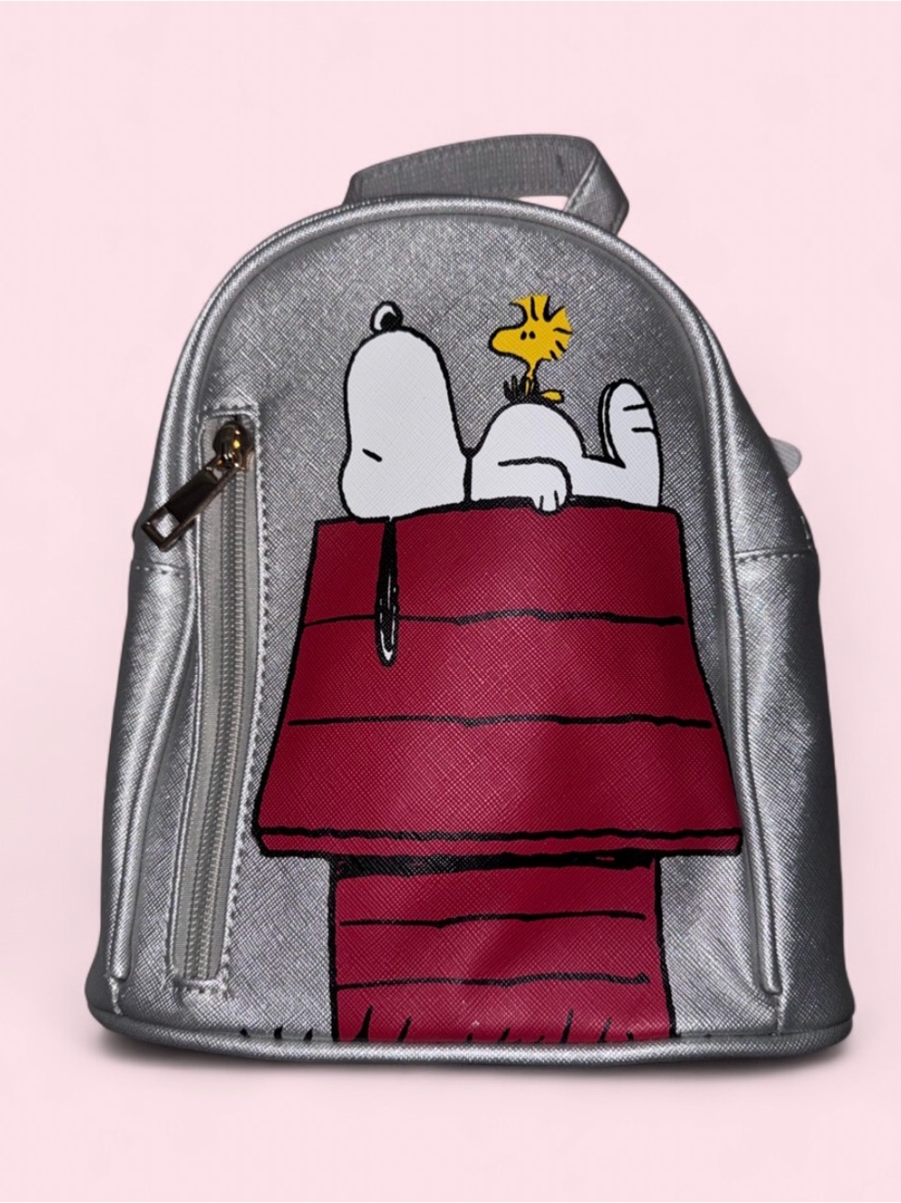 Peanuts Silver Mini Backpack with Red Doghouse and Yellow Woodstock